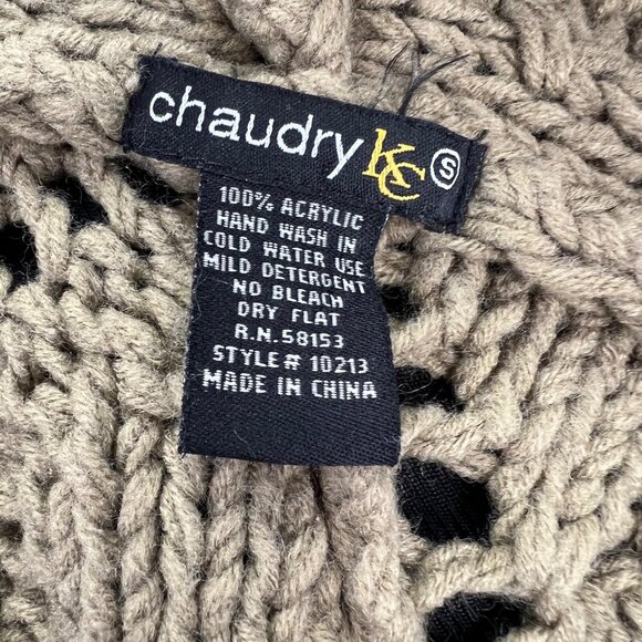 Chaudry KC Chunky Cable Knit Sweater Vest S Dark Khaki Tan Shawl Collar Open - Picture 7 of 7